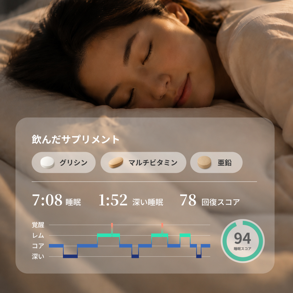 飲んだサプリメントと睡眠・回復データの記録画面